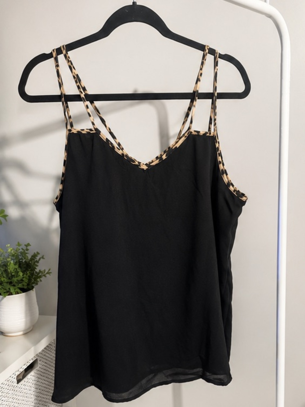 New Black Cami Tank with Leopard-Print Trim